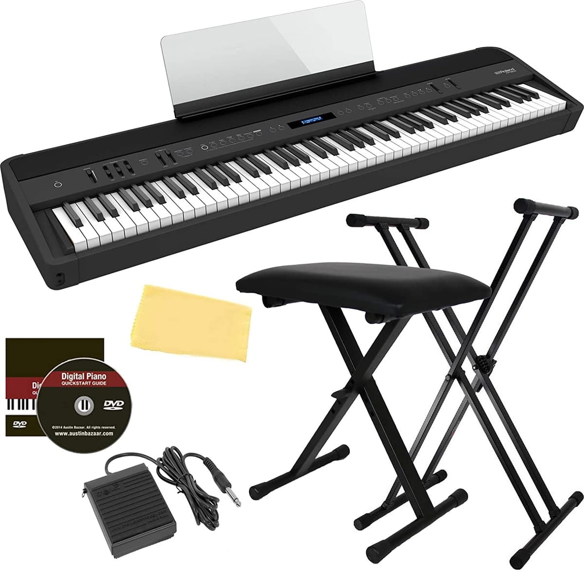 Roland Fp-90X 88 Key El Paquete Digital De Piano Ajustable Banco De Lujo Deluxe Pedal Dvd Y Austin Bazaar Puffing Black FP-90X-BK