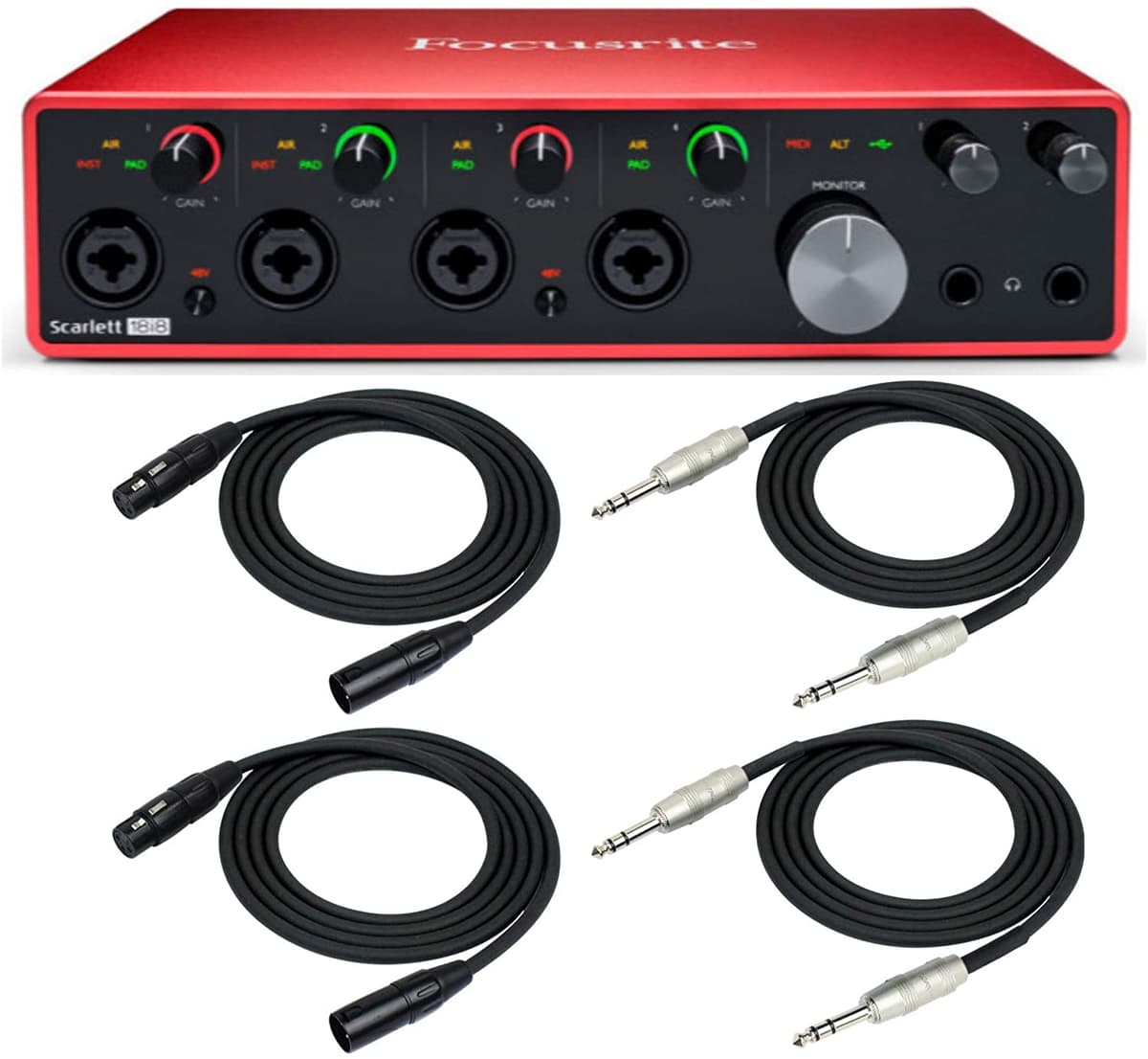 Focusrite 18I8 3Rd Gen 18X8 Usb Audio Placa Scarlett Usb Con 2 Cables Xlr Y 2 1/4 Pulgadas Trs Cables Bundle (5 Artículos) 18I8-3G_K1