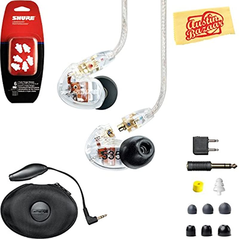Shure SE535 - Auriculares aislantes de sonido, bundle Clear, triple driver, kit de adaptadores Fit, estuche de transporte y paño Austin Bazaar SE535-CL-COMBO-STD