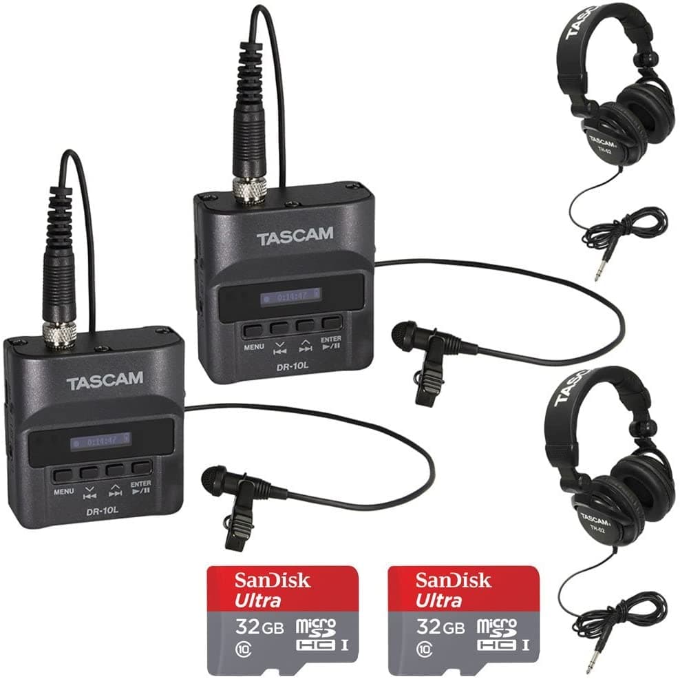 2 Micrófonos Lavaliere Tascam Dr-10L + 2 Auriculares Th-02-B + 2 Paquetes De Audio Sandisk De 32 Gb E2TSDR10L