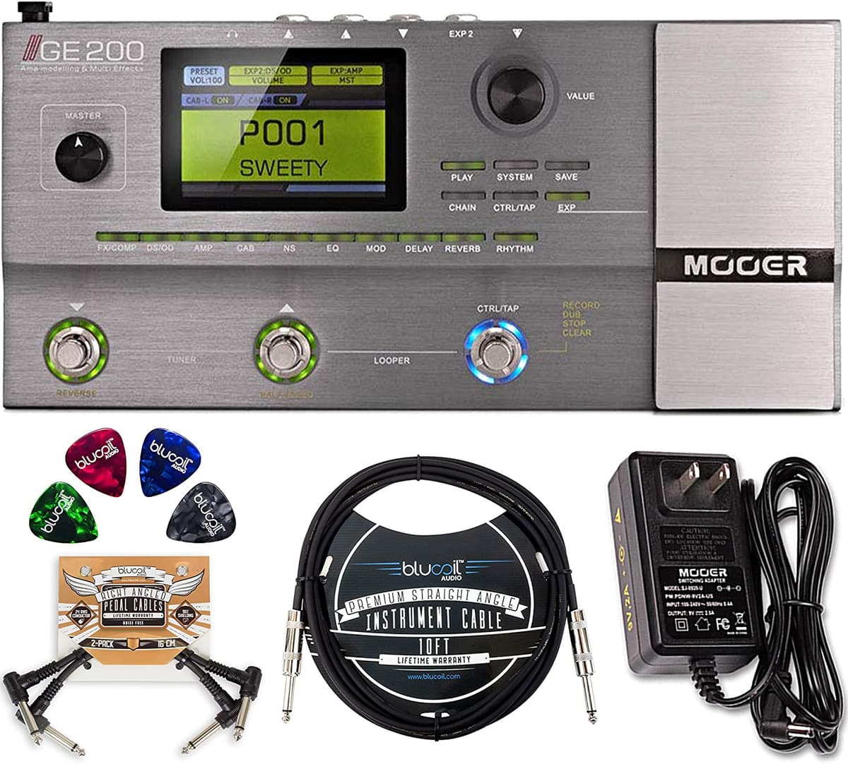 Mooer GE200 Multiefectos - Pedal con Amp Modeling, bundle con fuente 9V Blucoil, cable de instrumento de 10 pies 1/4 pulgada, 2 packs de cables patch para pedal y 4 packs de púas de celuloide para guitarra A1251