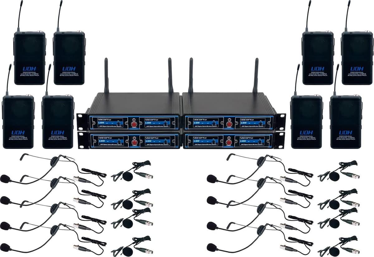 VocoPro UDHPlay8 - Sistema UHF de ocho canales con auriculares y micrófono inalámbrico tipo etiqueta, tecnología Mic-On-Chip