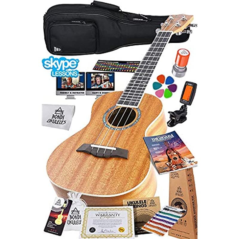 Bondi Ukuleles Kit De Inicio De Ukelele (15 Accesorios) Uke De Caoba Funda De Esponja De Compresión Cuerdas De Aquila Púas De Fieltro Afinador Sello De Acordes Y Correa De Cuero Lección En Vivo Y Más ukulele-bondi