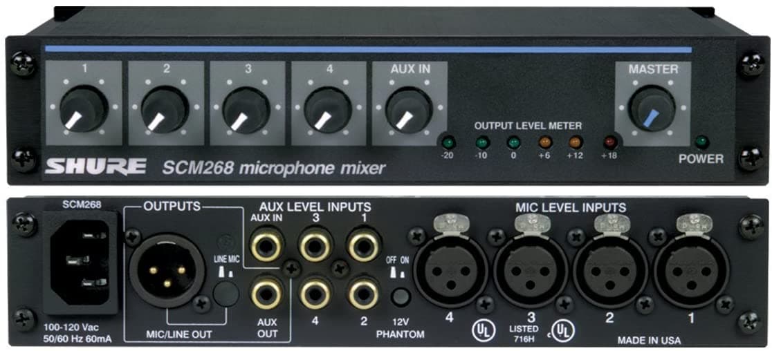 Shure Scm268 Mezclador De Micrófono De 4 Canales 6 Transformadores Fuente De Poder Phantom Y Cable De Alimentación Conector Iec