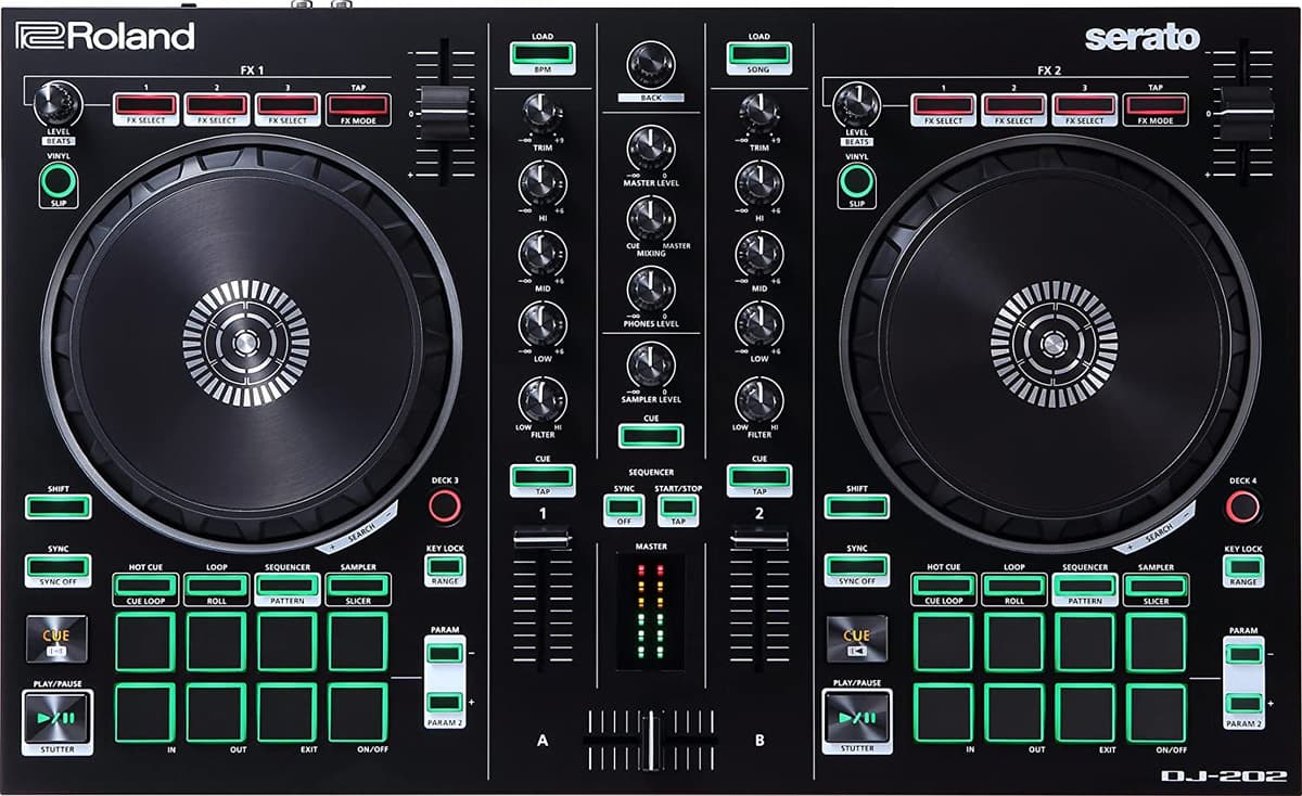 Roland DJ-202 Controlador DJ Negro de Dos Canales y 4 Decks Serato Pro
