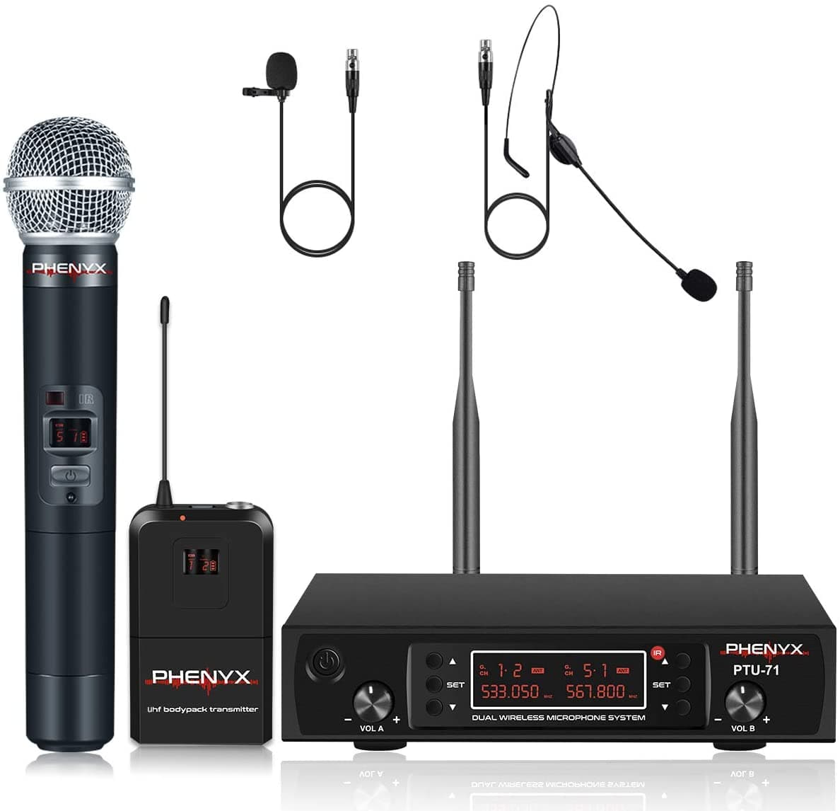 Phenyx Pro PTU-71-1H1B, Sistema de Micrófono Inalámbrico, Set de Micrófonos Duales con Micrófono de Mano/Transmisor de Petaca/Micrófonos de Solapa, 2x100 Canales UHF, Alcance de 100 metros, para Canto e Iglesia PH5015