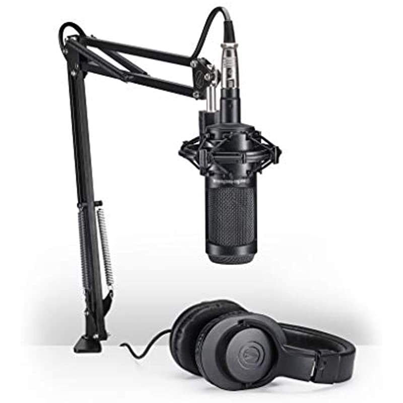 Audio-Technica At2035Pk Voces Micrófono Pack Streaming Podcasting Incluye Xlr Mic Axtable Boom Shock Mount & Monitor Auriculares Black