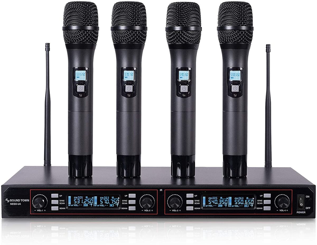 Sound Town 200 Canales Sistema de Micrófono Inalámbrico UHF Profesional Montable en Rack Receptor de Metal y 4 Micrófonos de Mano NESO-U4HH