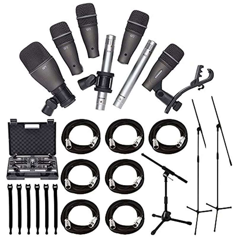 Samson Dk707 - Kit De Micrófono De Tambor De 7 Piezas Con 2 Soportes De Micrófono Con Base De Trípode Soporte De Micrófono De Perfil Bajo Con Brazo Telescópico Y 7 Cables De Micrófono Xlr De Alta Calidad SADK707