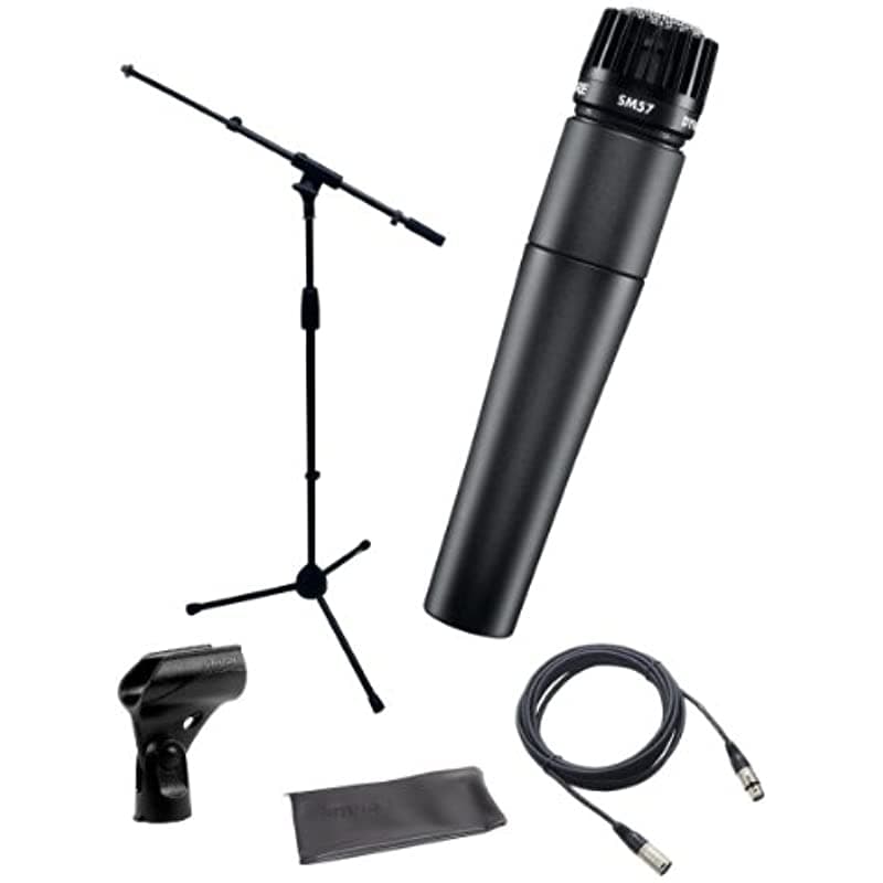 Shure Sm57-Lc Instrumento Voces Cardiodo Dynamic Micrófono Bound Mic Stand Xlr Cable Mic Clip Y Funda