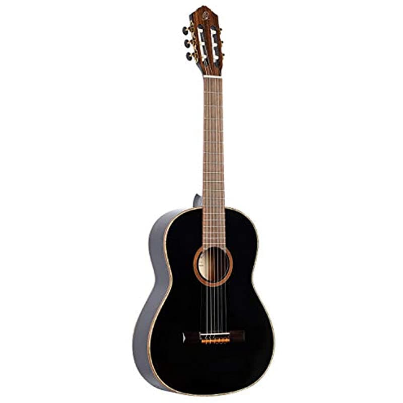 Ortega Guitars R221BK - Guitarra Clásica de Cuerdas de Nylon de la Serie Family, Tamaño Completo con Mástil Delgado, Incluye Funda, Diestra, Tapa de Abeto - Negro - Brillo