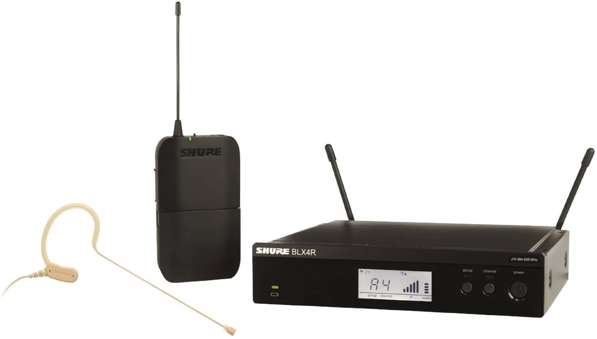 Shure Blx14R/Mx53 Sistema De Micrófono Inalámbrico Con Receptor De Montaje En Rack Blx4R Carrocería Blx1 Y Micrófono Subminiatura Para Auriculares Mx153 Para Presentaciones Casas De Culto Y Sonido En Vivo Banda H10 BLX14R/MX53-H10