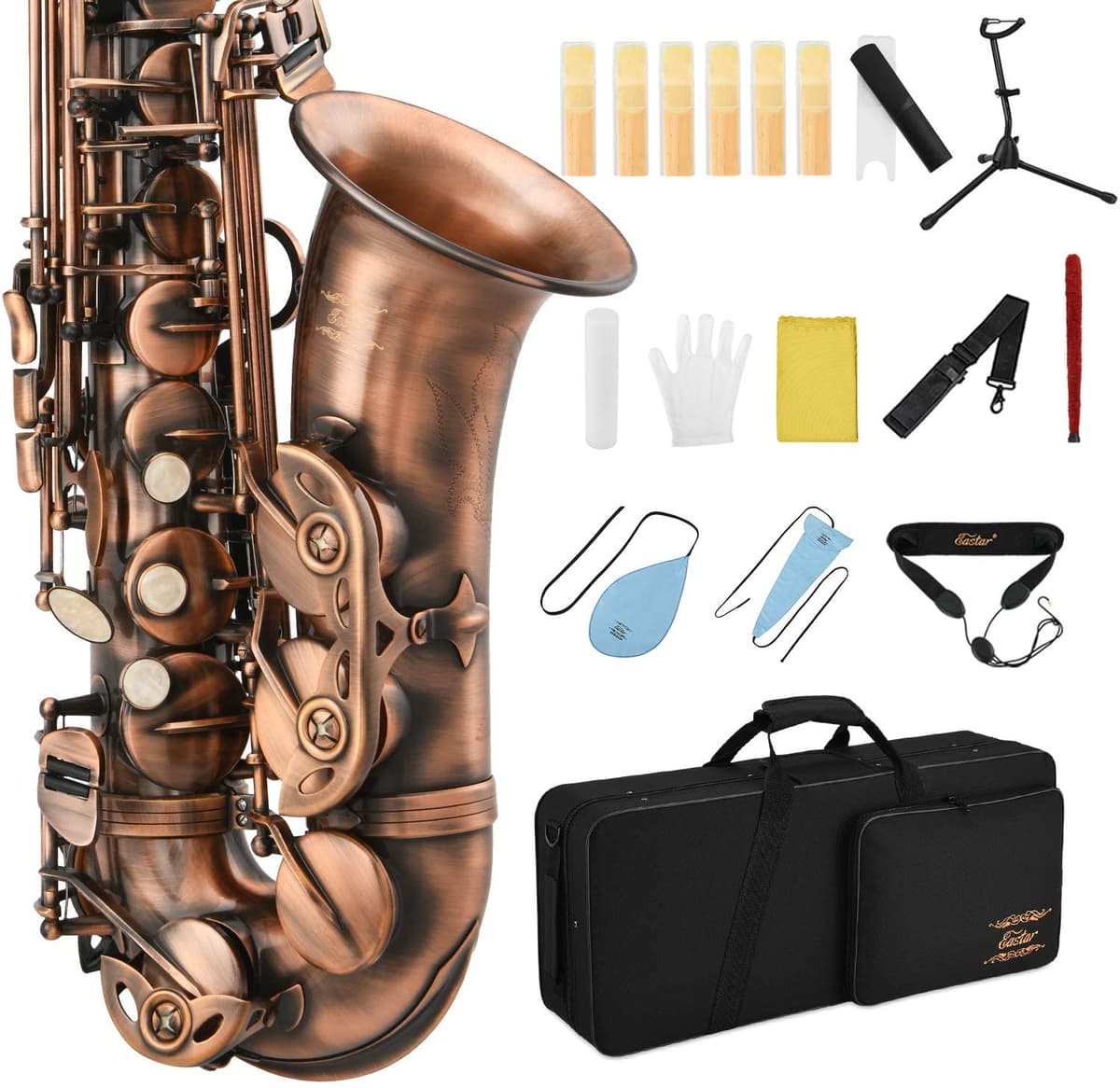 Eastar Alto Saxophone E Student Flat Alto Sax Acabado Antiguo Saxofón Eb Cleaning Casemouthpiece Reck Strapcork Greasereeds Stits Stitspland Kit Red Bronze As-Ab2