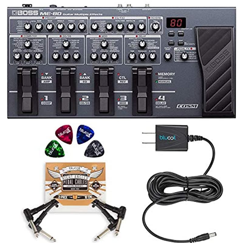 Boss ME-80 Pedal de Multiefectos para Guitarra Acústica y Eléctrica Bundle Blucoil Slim Fuente AC 9V Adaptador 2 Pack de Cables Patch de Pedal y 4 Púas de Guitarra de Celuloide A409