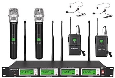 Gtd Audio 4 X 800 Canales De Frecuencia Seleccionables Uhf Diversity Inalámbrico De Mano / Avalier/Lapel/Auriculares Micrófono 787 (2 Portátiles Y 2 Lavalier) IMAXDR