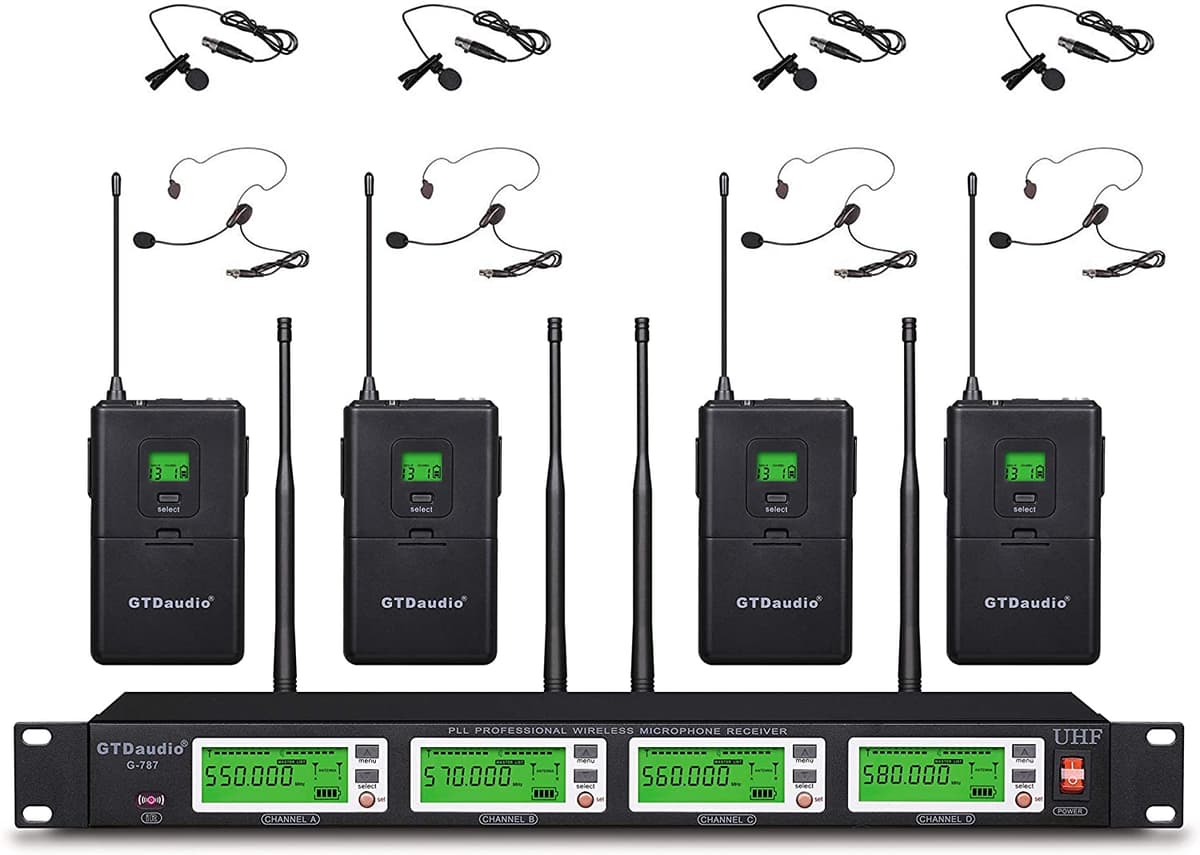 GTD Audio 4 x 800 Canales Ajustables UHF Diversity Inalámbrico Lavalier/Lapel/Auriculares Sistema de Micrófono de 400 Pies (4 Paquetes Corporales)