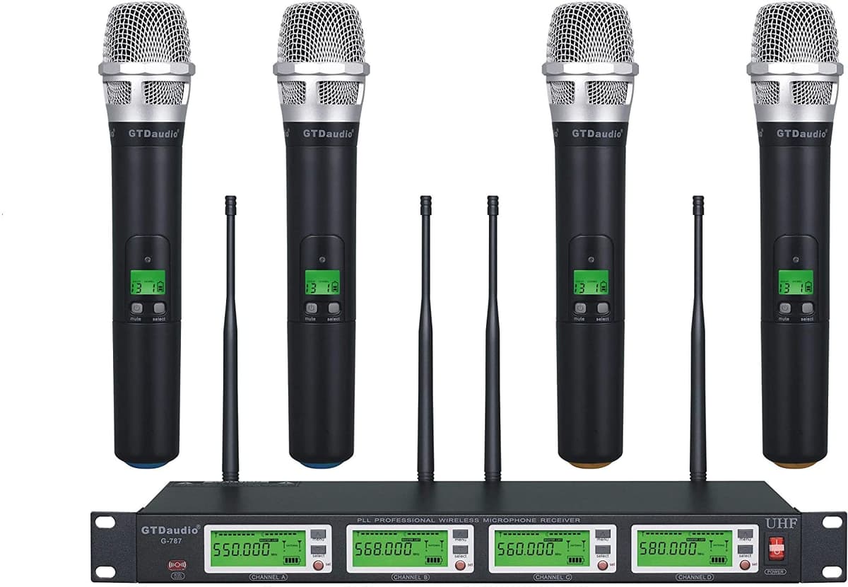 Gtd Audio 4 X 800 Canales Ajustables Uhf Diversity Sistema De Micrófono Inalámbrico De Mano Ideal Para Iglesia Karaoke Fiesta De Dj Rango De 450 Pies (4 Micrófonos De Mano)