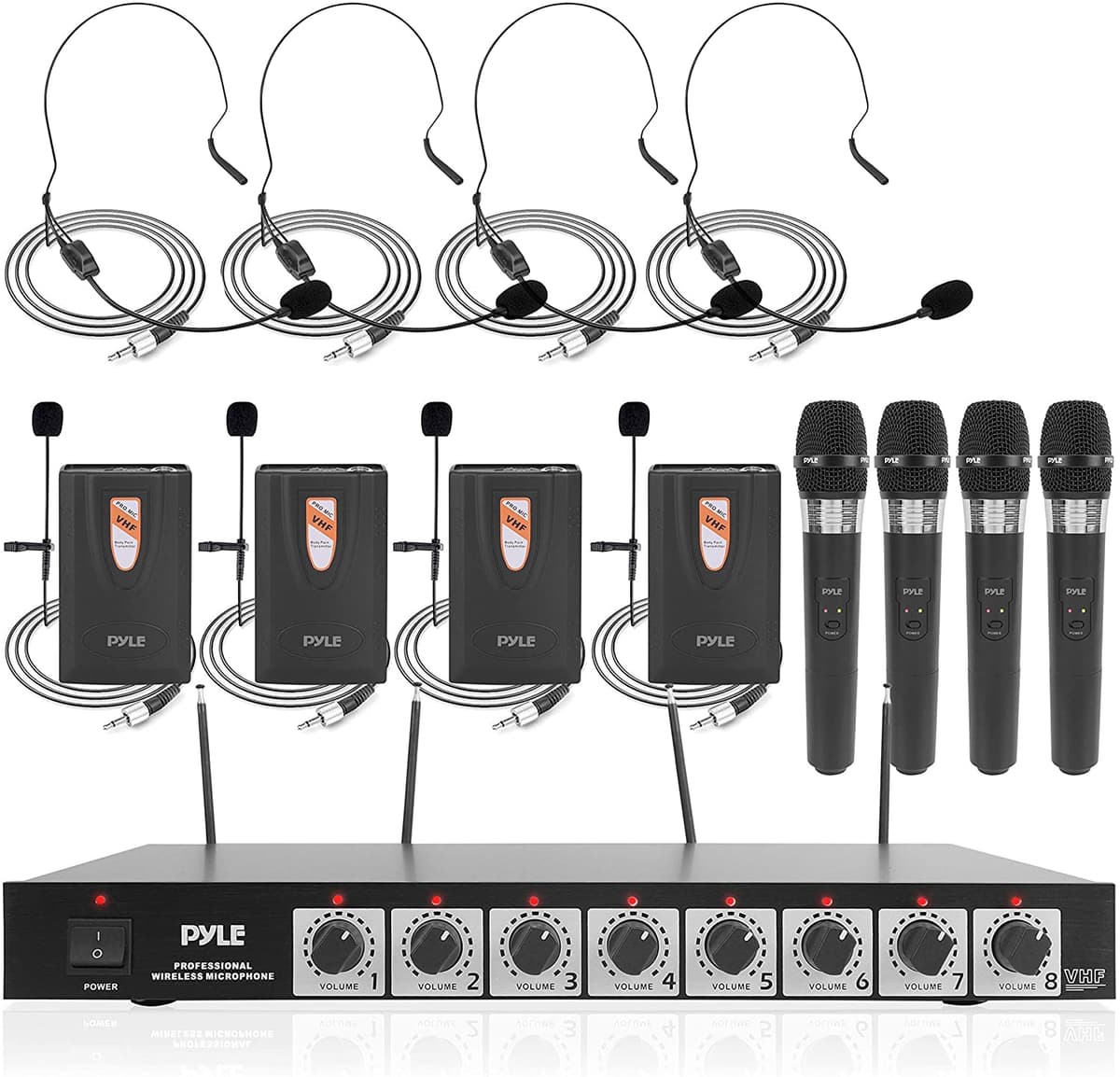 Pyle Sistema De Micrófono Inalámbrico De 8 Canales Juego De Micrófono De Audio Vhf Profesional Con Conector Xlr De 1/4 Pulgadas 4 Auriculares 4 Clips Lavalier 4 Micrófonos De Mano 4 Transmisores Receptor Para Karaoke Pa Dj Pdwm8700