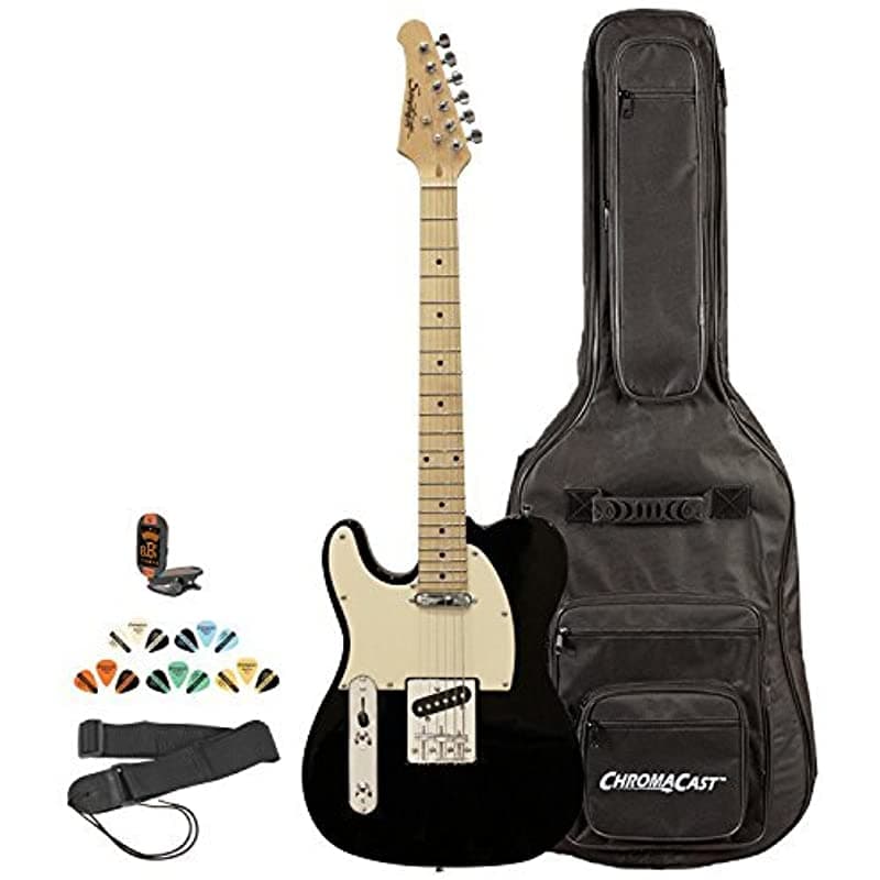 Sawtooth Et Serie Zurdoed Guitarra Eléctrica Black White Pickguard Guitarra Instrucción Fondo Strap Y Afinador ST-ET-LH-BKW-KIT-2