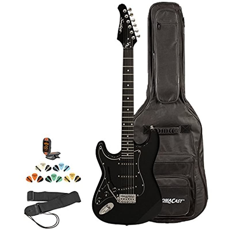 Sawtooth Zurdoed St Style Guitarra Eléctrica Black Pickguard Lección De La Lección De Cromacast Fondo Sumpler Afinador Y Correa ST-ES-LH-BKB-KIT-2
