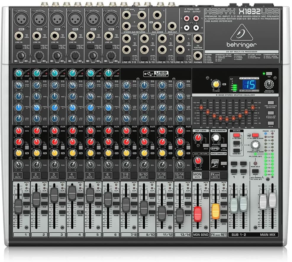 Behringer Xenyx X1832USB Mixer con USB y efectos, consola de sonido profesional para estudio y eventos en vivo.