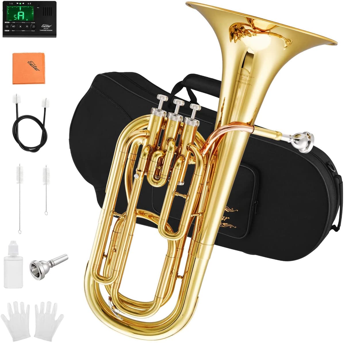 Eastar Student Bb Barítono Horn Marching Gold Lacquer B Flat Con Afinador Hard Case Barítono Boquilla Guantes Barítono Kit De Limpieza Barítono Ebt-380