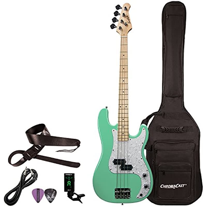 Sawtooth EP Series Bajo Eléctrico con Funda y Accesorios, Color Surf Green con Golpeador de Perla ST-PB-SGRP-KIT-1
