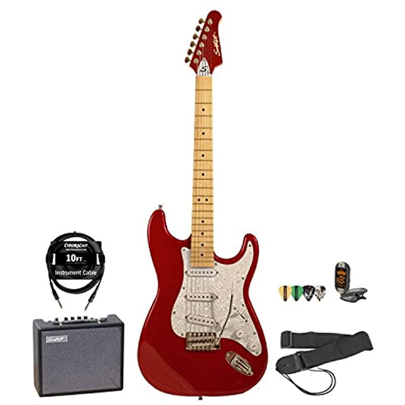 Sawtooth Candy Apple Red Guitarra Eléctrica Pearl White Pickguard Incluye Accesorios Y Amplificador De 10 Vatios ST-ES-CARP-KIT-5