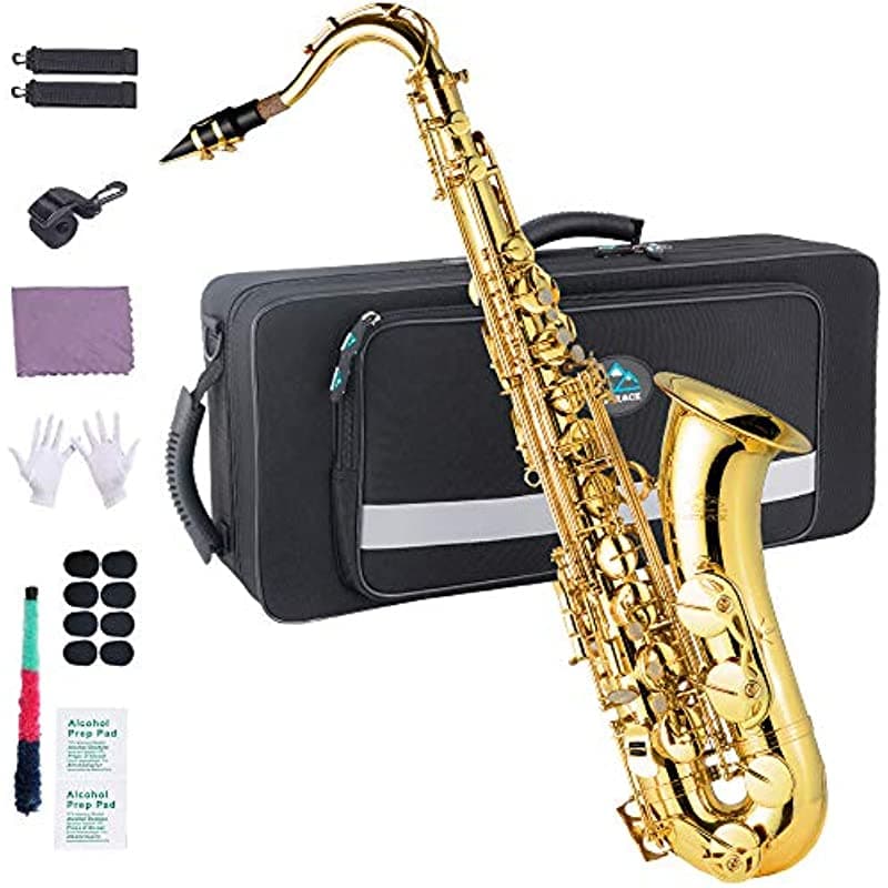 Eastrock Tenor Saxophone B - Saxofón Plano Dorado Para Estudiantes Principiantes Con Estuche De Transporte Actualizado Lengüetas Kit De Limpieza Guantes Correas Para El Cuello Boquillas