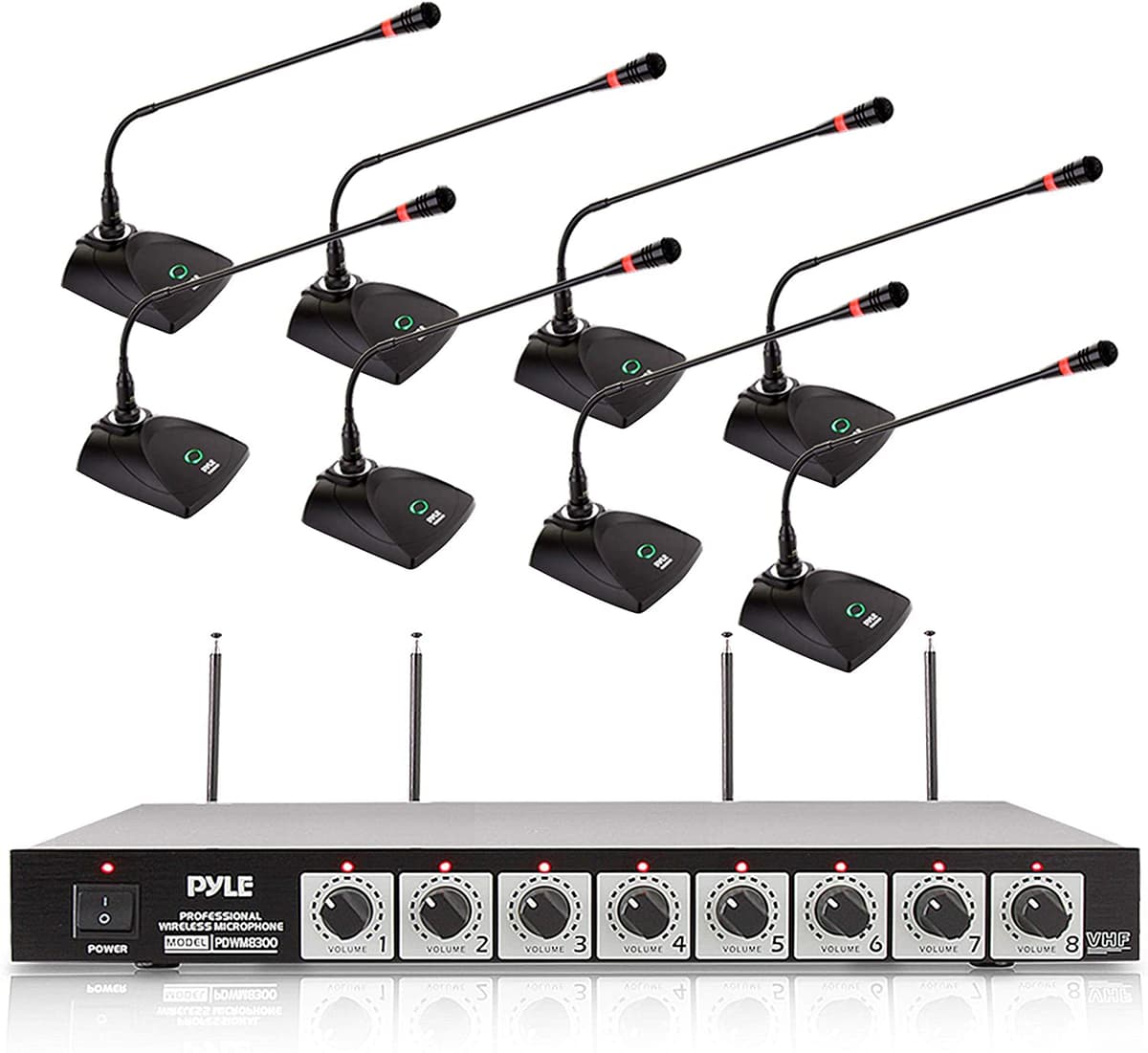 Sistema de micrófono inalámbrico de 8 canales portátil VHF con salida dual 1/4 y XLR antena dual incluye 8 micrófonos de mesa receptor rackeable Pyle PDWM8300 Black