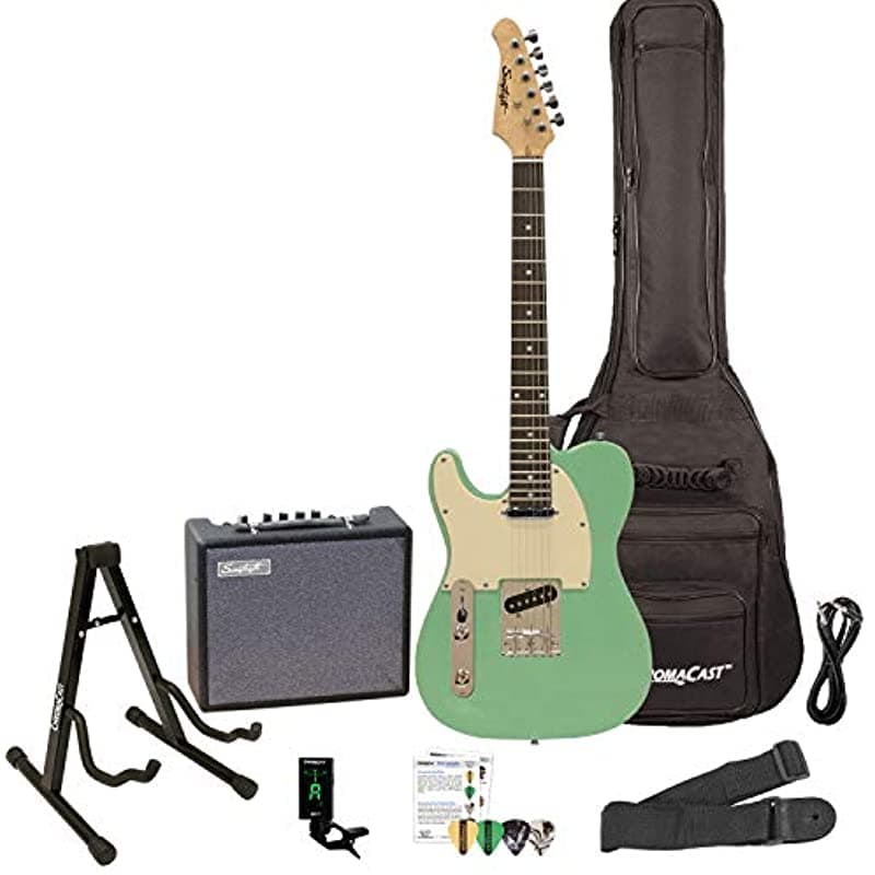 Sawtooth ET Series Kit de guitarra eléctrica zurda Surf Green con pickguard blanco envejecido accesorios amplificador de 10W y ChromaCast ST-ET-LH-SGRW