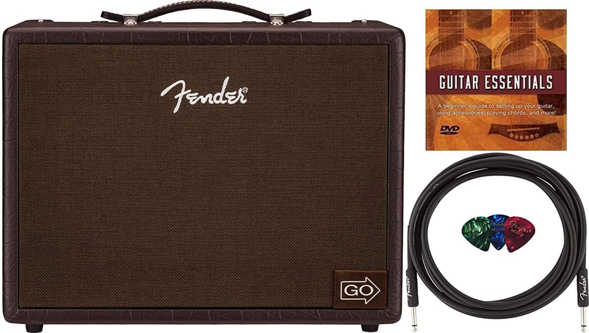 Fender Acoustic Junior Go 100W Amplificador combo para guitarra acústica recargable a batería bundle con cable de instrumento Fender 10ft 3 packs de púas Fender y DVD instructivo Austin Bazaar FEN-2314400000-COMBO-STD