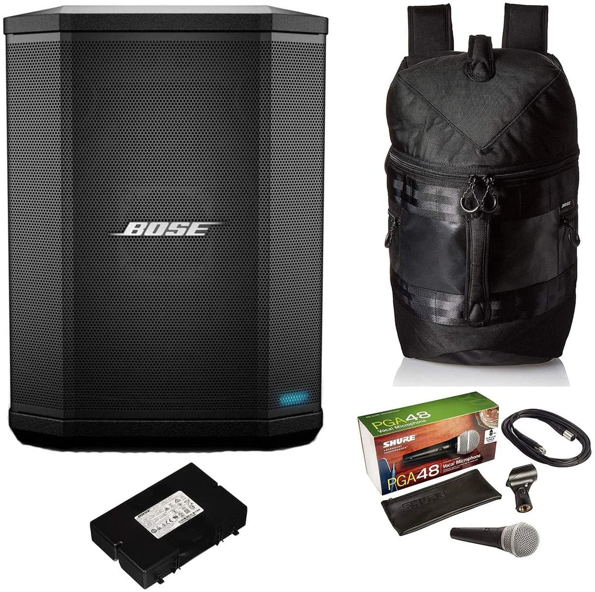 Bose S1 Pro - Sistema De Altavoces Bluetooth Con Batería Mochila Bose S1 Pro Micrófono Shure Pga48 Cable De Audio Xlr De 15 Pies (7 Artículos)