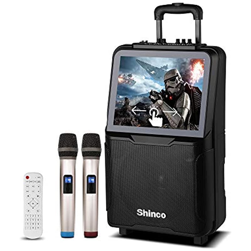Shinco Máquina de karaoke con WiFi 2 micrófonos inalámbricos pantalla táctil de 15'' display de letras grabación Bluetooth y control remoto