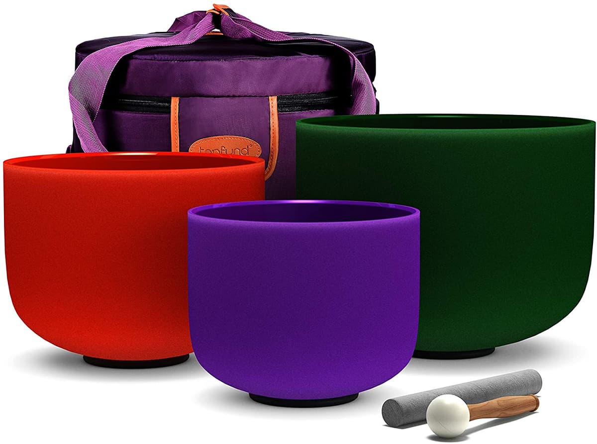 Topfund Chakra Tuned Juego De 3 Tazones De Canto De Cristal De Color De 3-12 Pulgadas Case De Tareas De Transporte Pesadas Y Mazos De Tazón 8B+10D+12F Set of 3 Color Singing Bowls 8-10" B D F