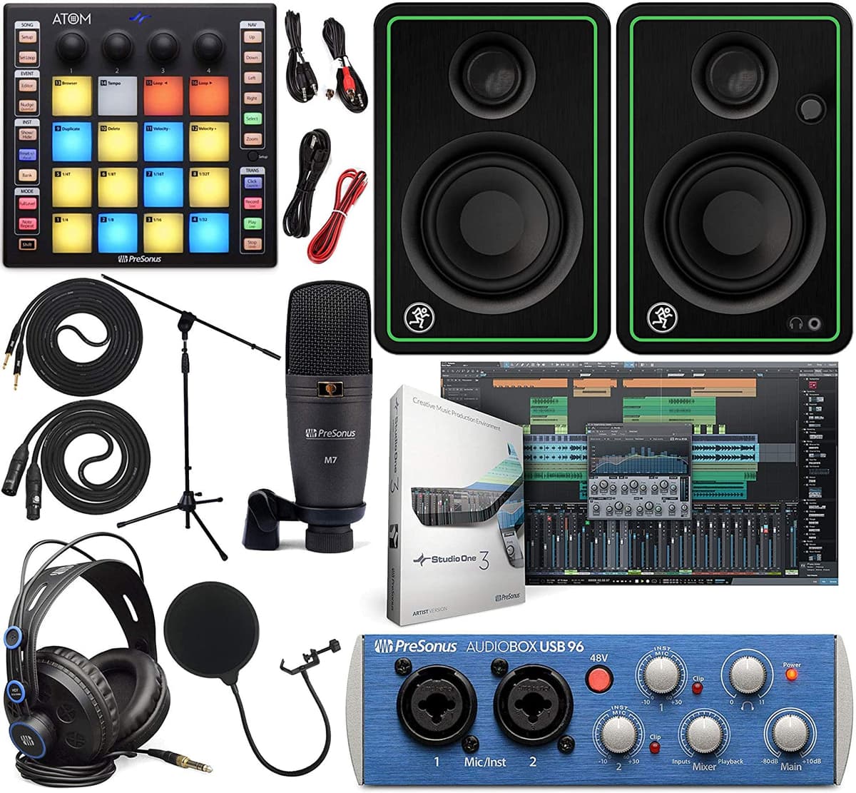 Presonus Audiobox 96 Kit Completo De Estudio Con Studio One Artist Software Pack Con Controlador De Almohadilla De Producción Atom Midi Con Monitores De Estudio Mackie Cr3-X Y Cables De Instrumentos De 1/4" oksrbx-231