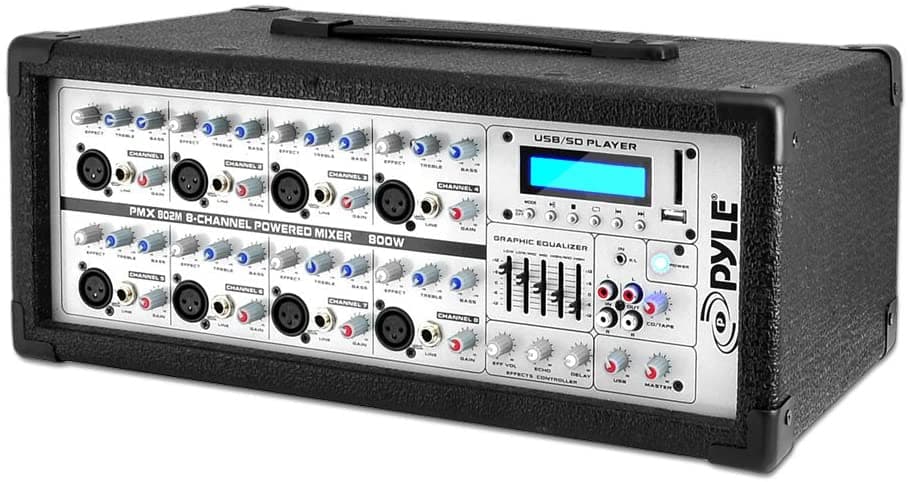8 Canales Micrófono Sistema Potenciados Mixer 800 Watts Power Peak Aux 3.5 Mm Entradas Conector Sd Memory Tarjeta Y Unidad Flash Usb Lectores De 5 Bandas De 5 Bandas Lcd Ventilador De Enfriamiento Pyle Pmx802M