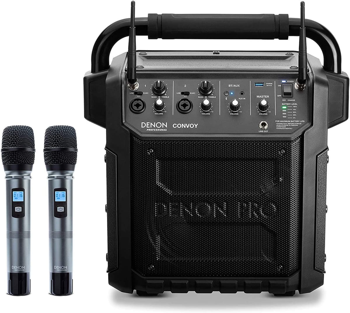 Denon Professional Convoy | Parlante Bluetooth portátil inalámbrico para exteriores 2 micrófonos batería recargable 40W de potencia y 2 canales inalámbricos UHF CONVOYXUS