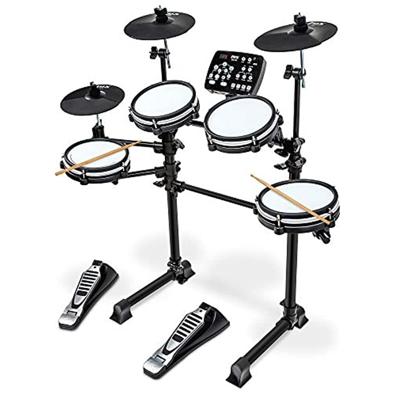 LyxJam 7-Piece Electronic Drum Kit Set, con Tela de Malla Real, 209 Sonidos Precargados, 50 Canciones para Acompañar, Capacidad de Grabación y Pad de Bombo, Baquetas, Silla de Baterista Negra EDS750