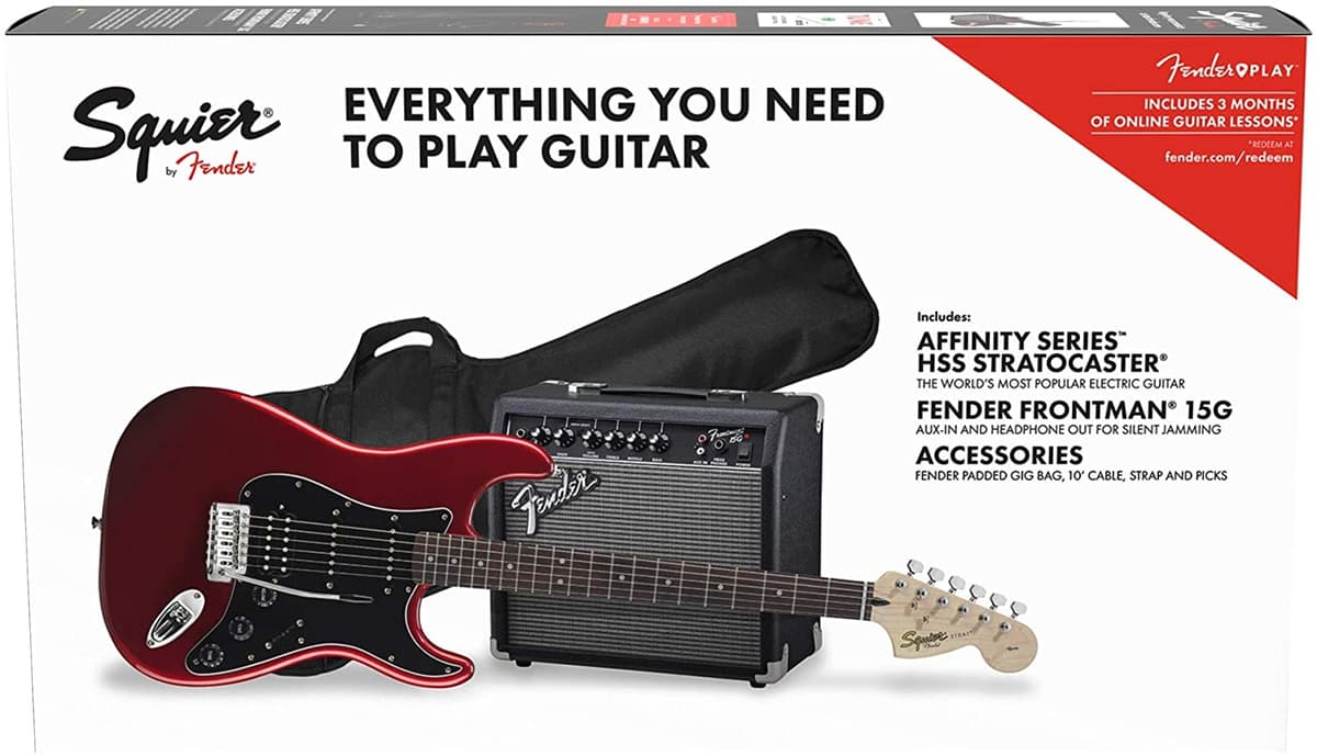 Squier by Fender Affinity Stratocaster Pack Laurel Candy Apple Red con funda amplificador correa cable púas y Fender Play 371824009