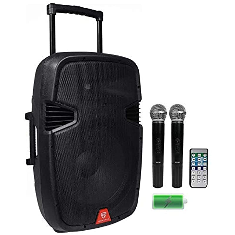 Rockville RAM15BT V2 Parlante PA Recargable 800W con Bluetooth, Bafle 15", Bajo Profundo, Incluye 2 Micrófonos Inalámbricos, Entradas USB/SD, TWS, Ideal para DJs Móviles y Eventos