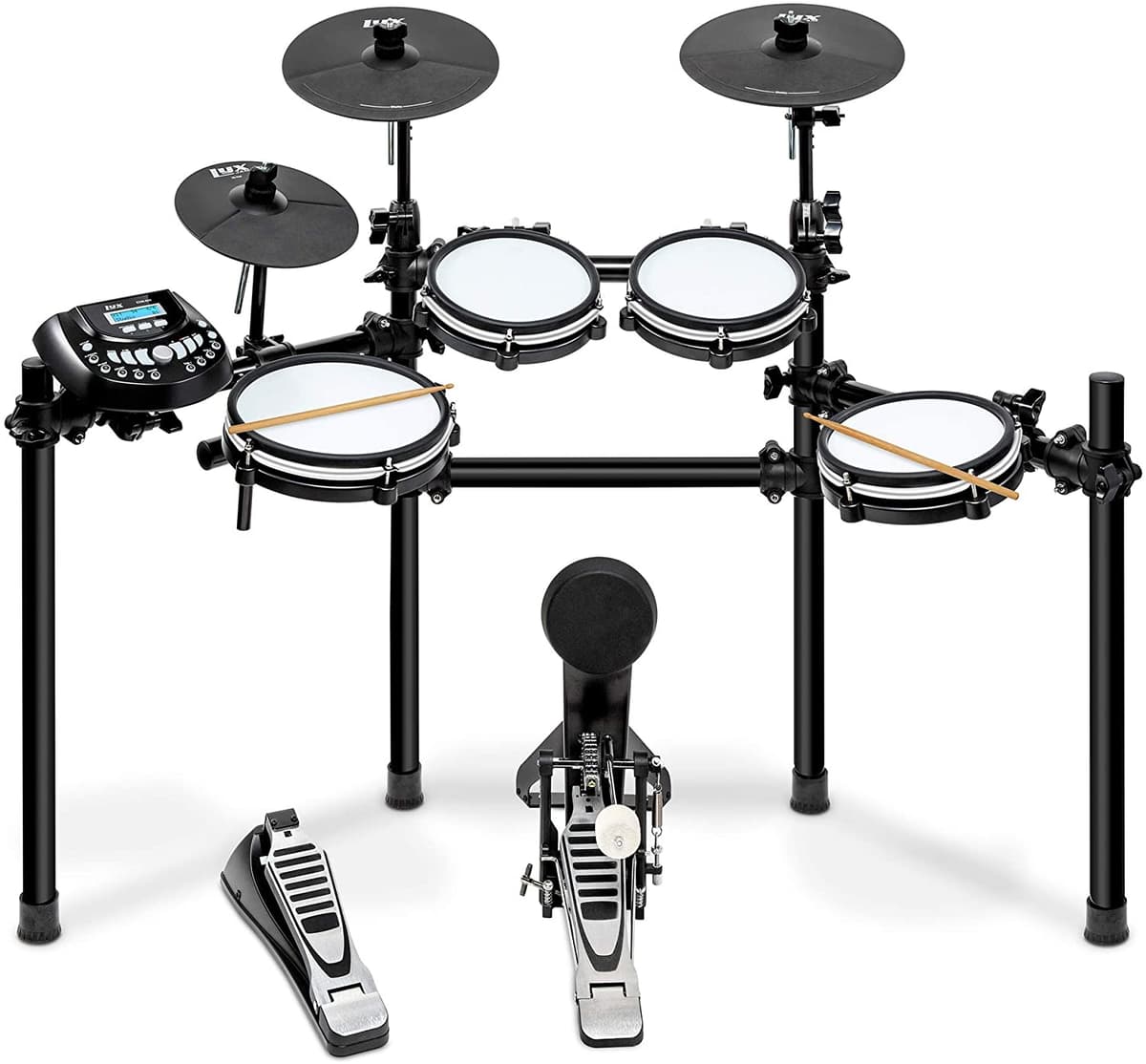Lyxjam - Kit De Batería Electrónica De 8 Piezas Juego De Batería Profesional Con Tela De Malla Real 448 Sonidos Precargados 70 Canciones Capacidad De Grabación De 15 Canciones Estrangulador Llanta Capacidad De Borde Y Almohadilla De Patada Barras De Tambor Incluidas EDM800