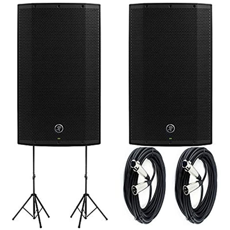 Mackie Thump12A - Paquete De Altavoces Alimentados De 1300 W Y 12 Pulgadas (Par) Con (2) Soporte De Altavoz De Acero Auray Ss-4420 Y (2) Cable Xlr-Xlr