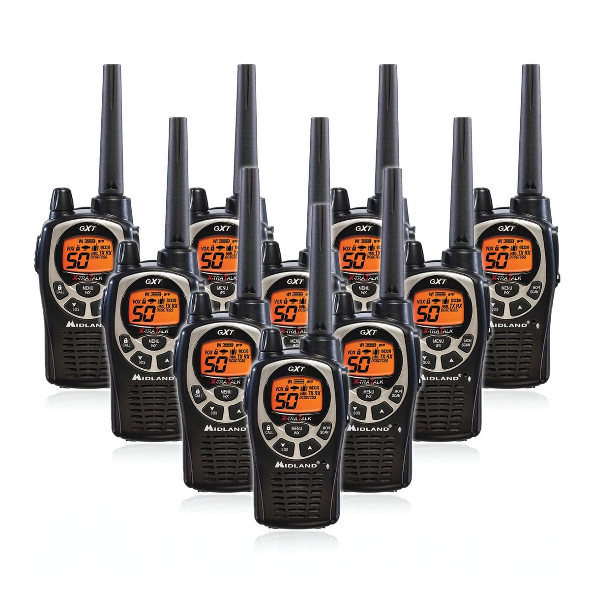 Midland GXT1000VP4 Pack 10 Radios GMRS - 50 Canales, NOAA Weather Scan, Larga Alcance (Negro/Plata)