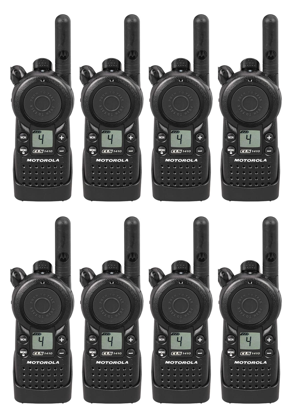 Motorola Solutions CLS1410 - Pack de 8 Radios de Dos Vías Walkie Talkies, UHF, 4 Canales, Alcance Extendido, Incluye Cargadores y Accesorios
