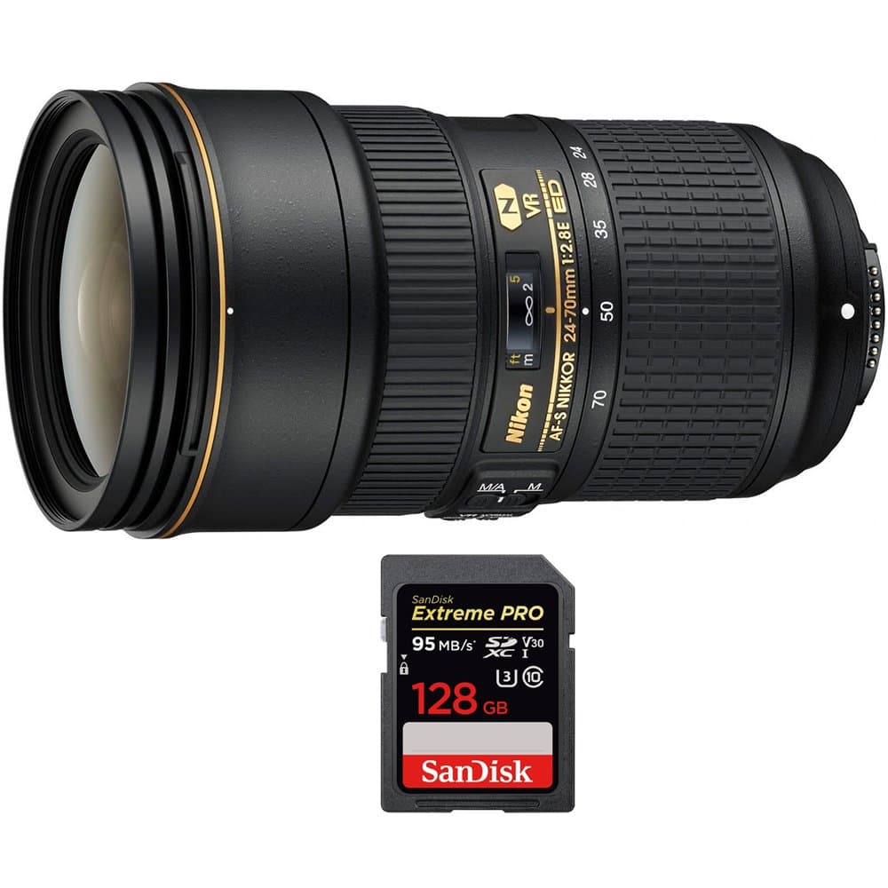 Beach Camera Nikon AF-S NIKKOR 24-70mm f/2.8E ED VR - Lente Zoom para Cámaras DSLR Nikon (20052) + Tarjeta de Memoria Sandisk Extreme PRO SDXC 128GB UHS-I E10NK2470VRED