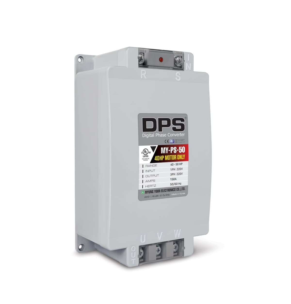 Myung Youn Electronics MY-PS-50 - Convertidor Monofásico a Trifásico 120A para Motor 40HP (30kW), DPS, Entrada/Salida 200-240V, Aprobación UL, un DPS por motor