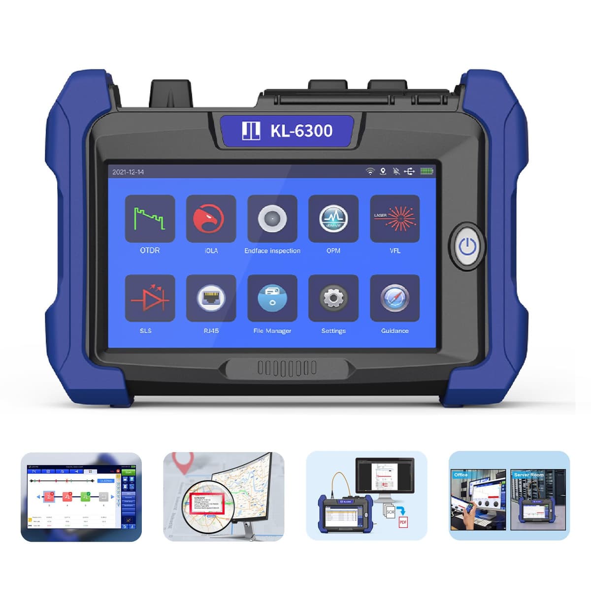 KOMSHINE KL-6300-P1 OTDR PON 1310/1550/1625nm 32/30/28dB Tester de Red de Fibra Activa + OPM + OLS + Mapa de Eventos + RJ45 + VFL, 1:64 Splitter, Ancho de Pulso Automático, WiFi
