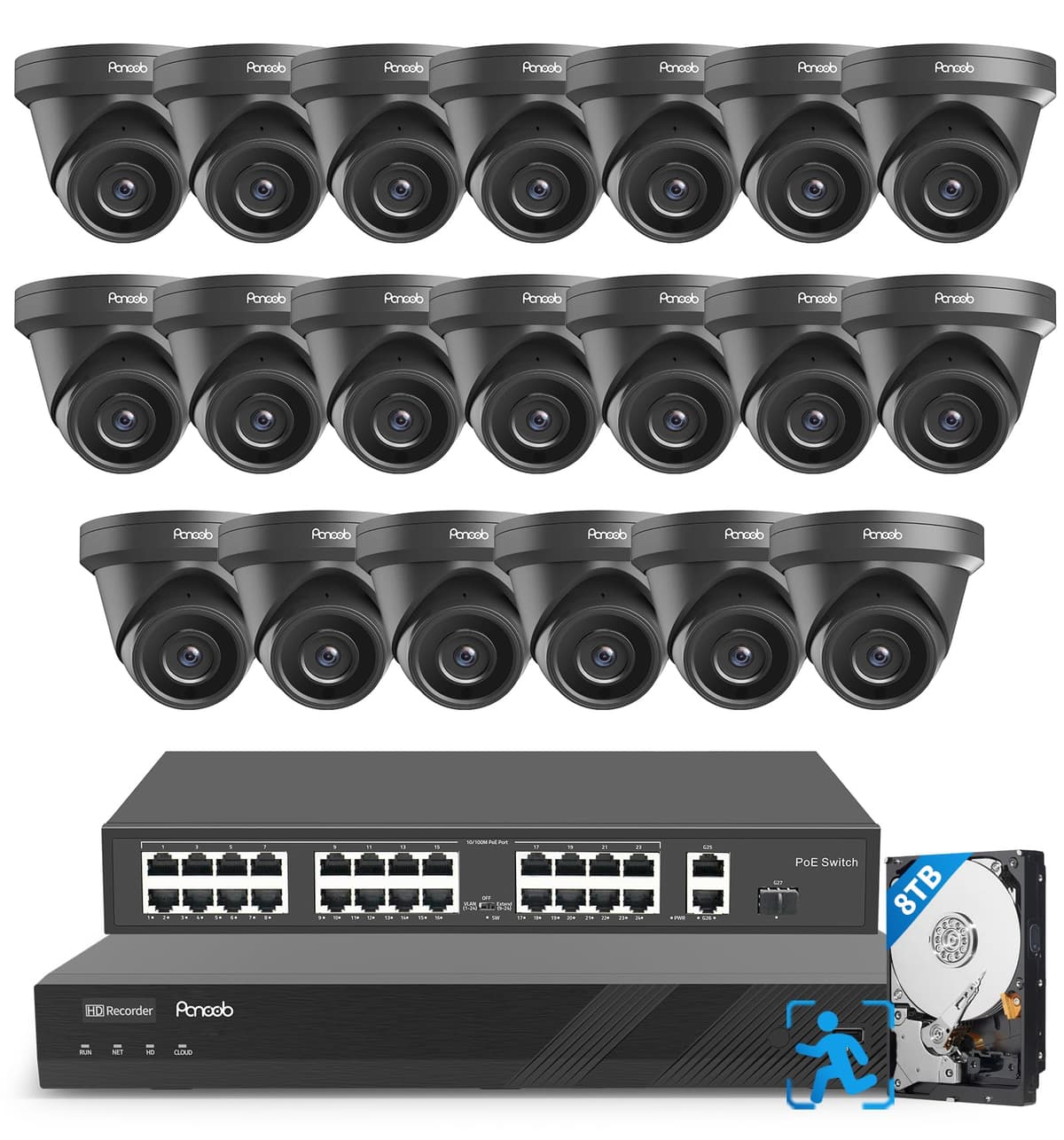 PANOOB PD93A32032-8M Sistema de Cámaras de Seguridad 32 Canales 4K PoE, 20 Cámaras Turret Domo IP 8MP con Detección AI de Persona y Vehículo, Micrófono Integrado, Acceso Remoto, Grabación 24/7, NVR 4K 32CH con HDD 8TB