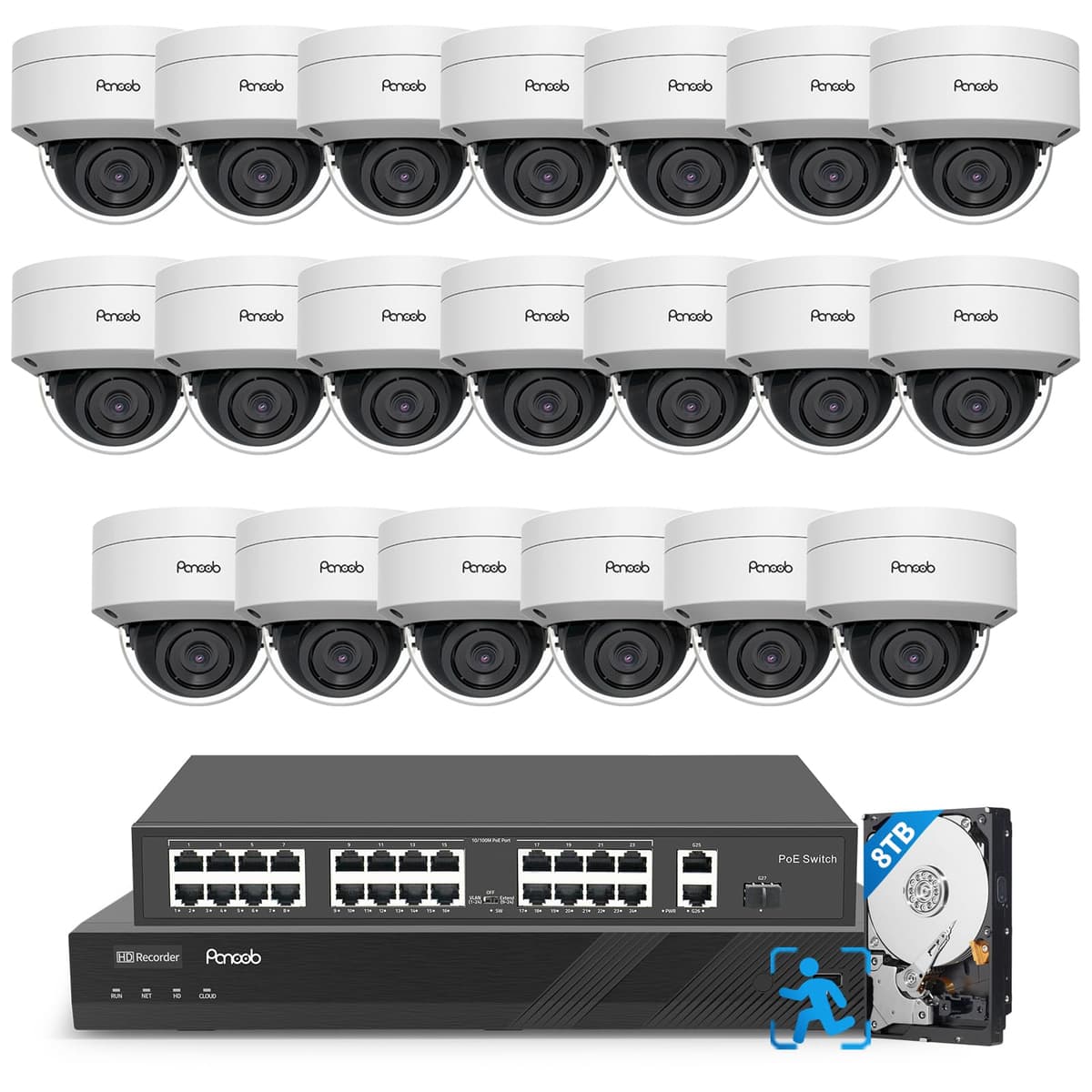 PANOOB PD54A2032-8M-1 Sistema de Cámaras de Seguridad 4K 32 Canales, 20 Cámaras Domo 8MP IK10 Antivandálicas con Micrófono Integrado, Detección AI Humano/Vehículo, Reproducción Inteligente, NVR 4K 32CH con HDD 8TB